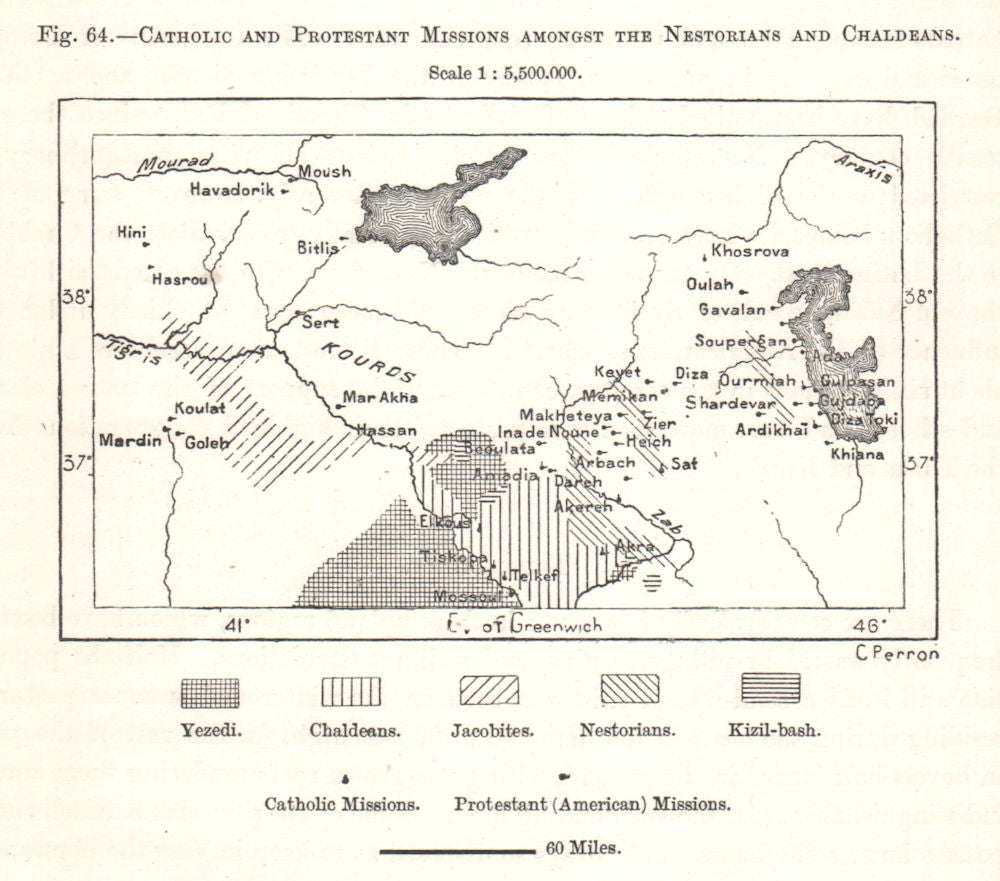 Catholic & Protestant Missions. Nestorians & Chaldeans. Turkey. Sketch map 1885